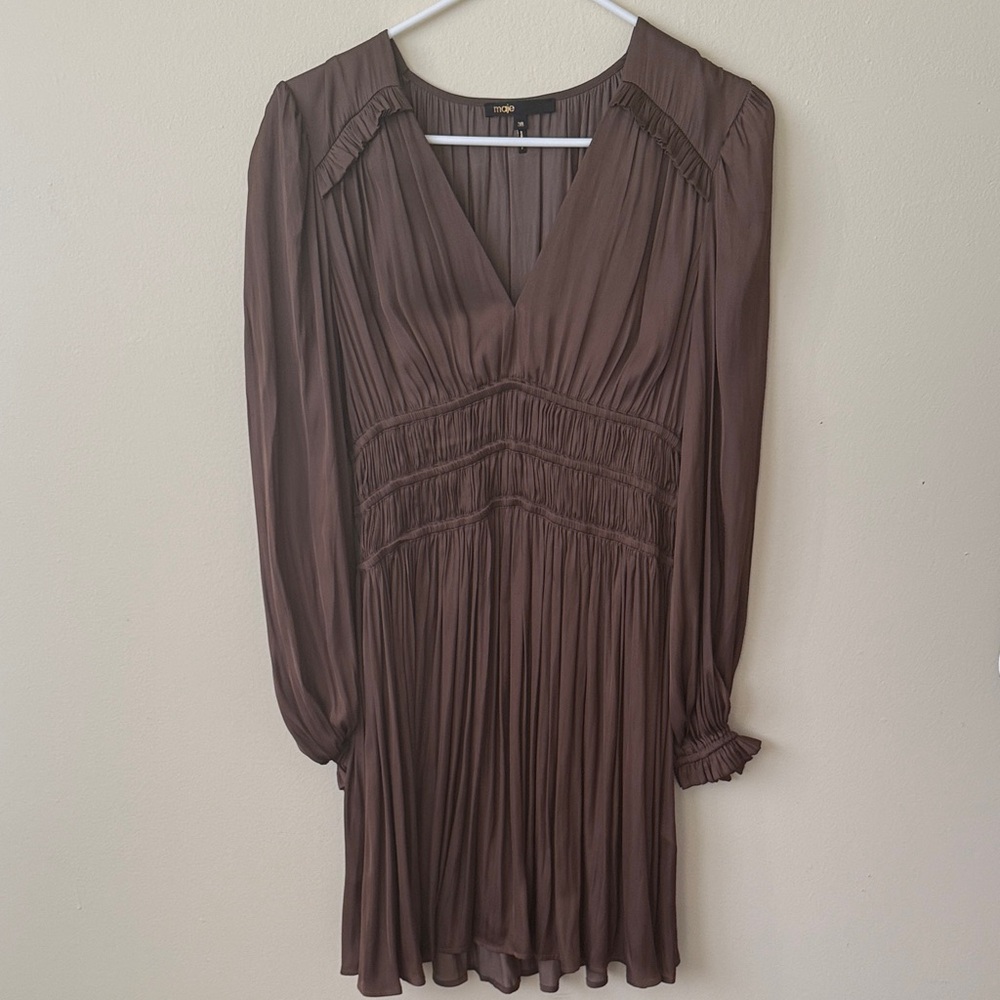 Maje Mini Satin Dress with Ruffles Brown sz. 38